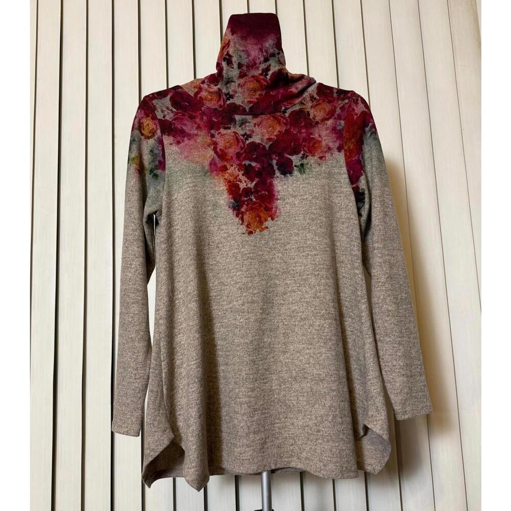 LEO & NICOLE M COWL NECK SWEATER FLORAL TUNIC GREY LONG FLOWY STRETCH NWOT